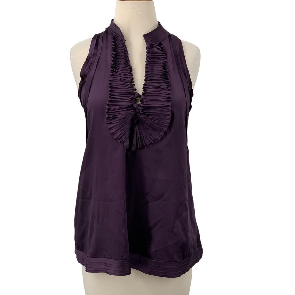 Bcbgmaxazria Women's Sleeveless Purple Racerback Silk Top Ruffled Neck Size Xxs